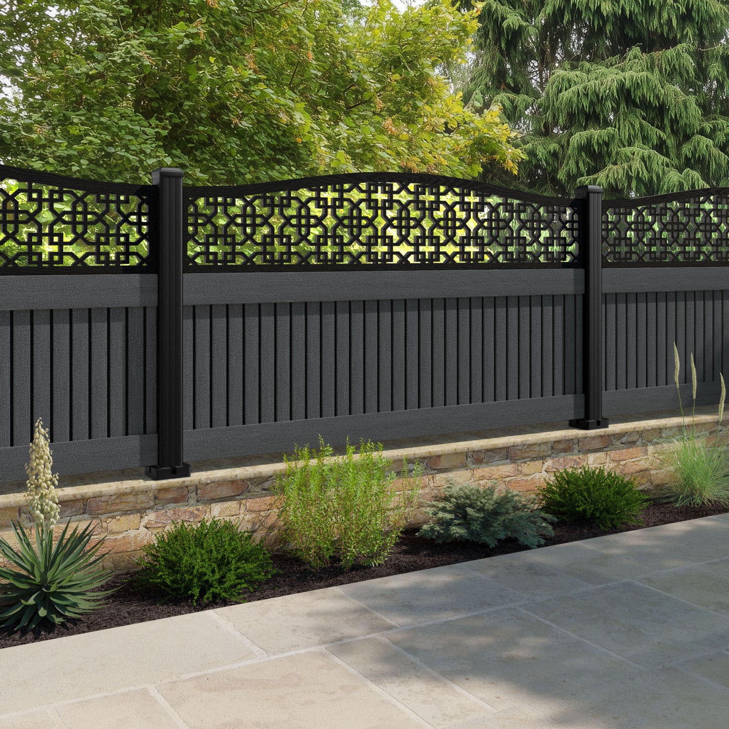 Virtis Zaria Curved Top Fence Panel - Dark Grey - with our composite posts