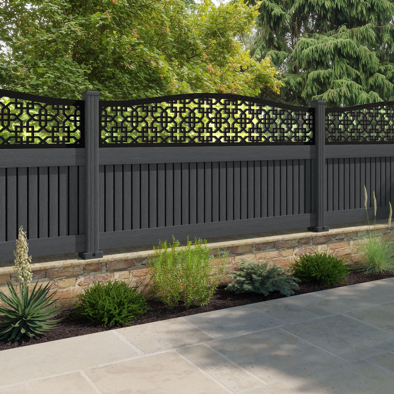 Virtis Zaria Curved Top Fence Panel - Dark Grey - with our composite posts