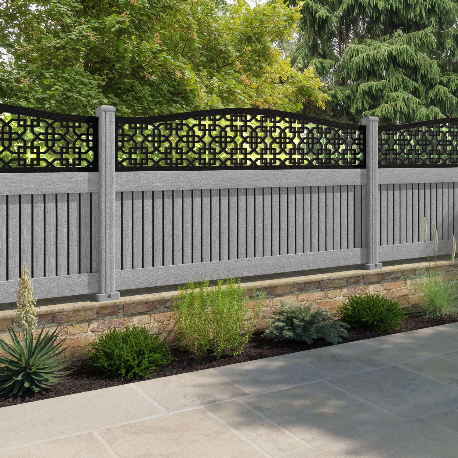 Virtis Zaria Curved Top Fence Panel - Light Grey - with our composite posts