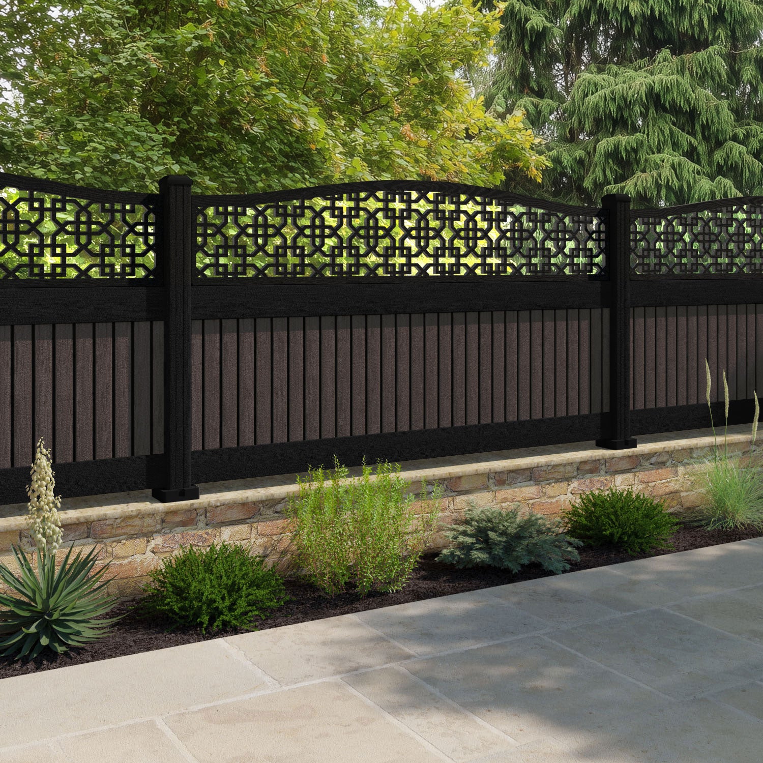 Virtis Zaria Curved Top Fence Panel - Mid Brown - with our aluminium posts