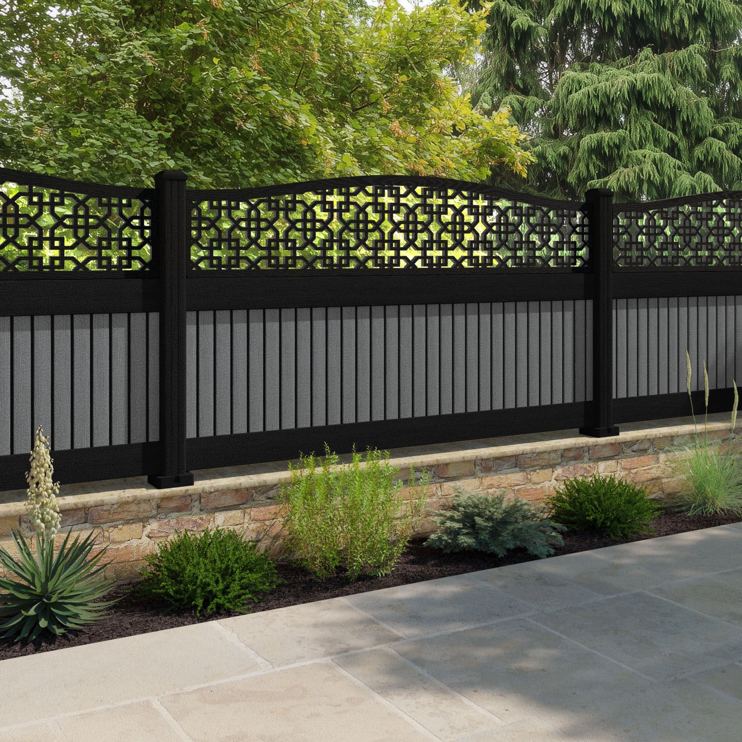 Virtis Zaria Curved Top Fence Panel - Mid Grey - with our composite posts
