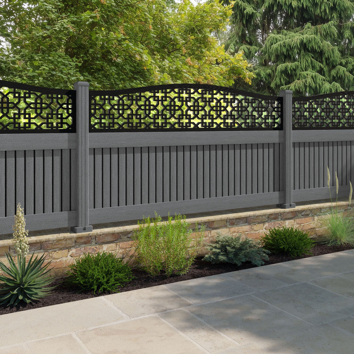 Virtis Zaria Curved Top Fence Panel - Mid Grey - with our composite posts