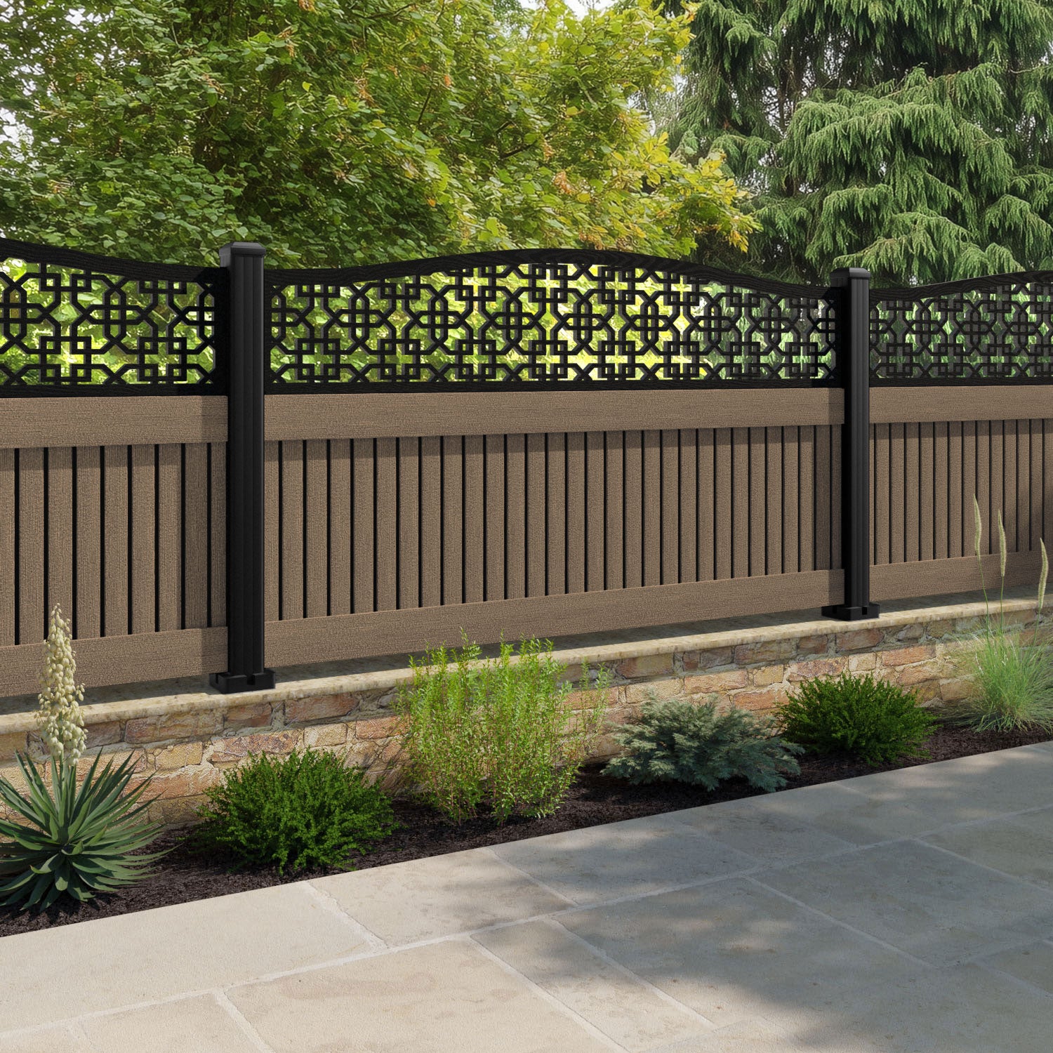 Virtis Zaria Curved Top Fence Panel - Teak - with our aluminium posts
