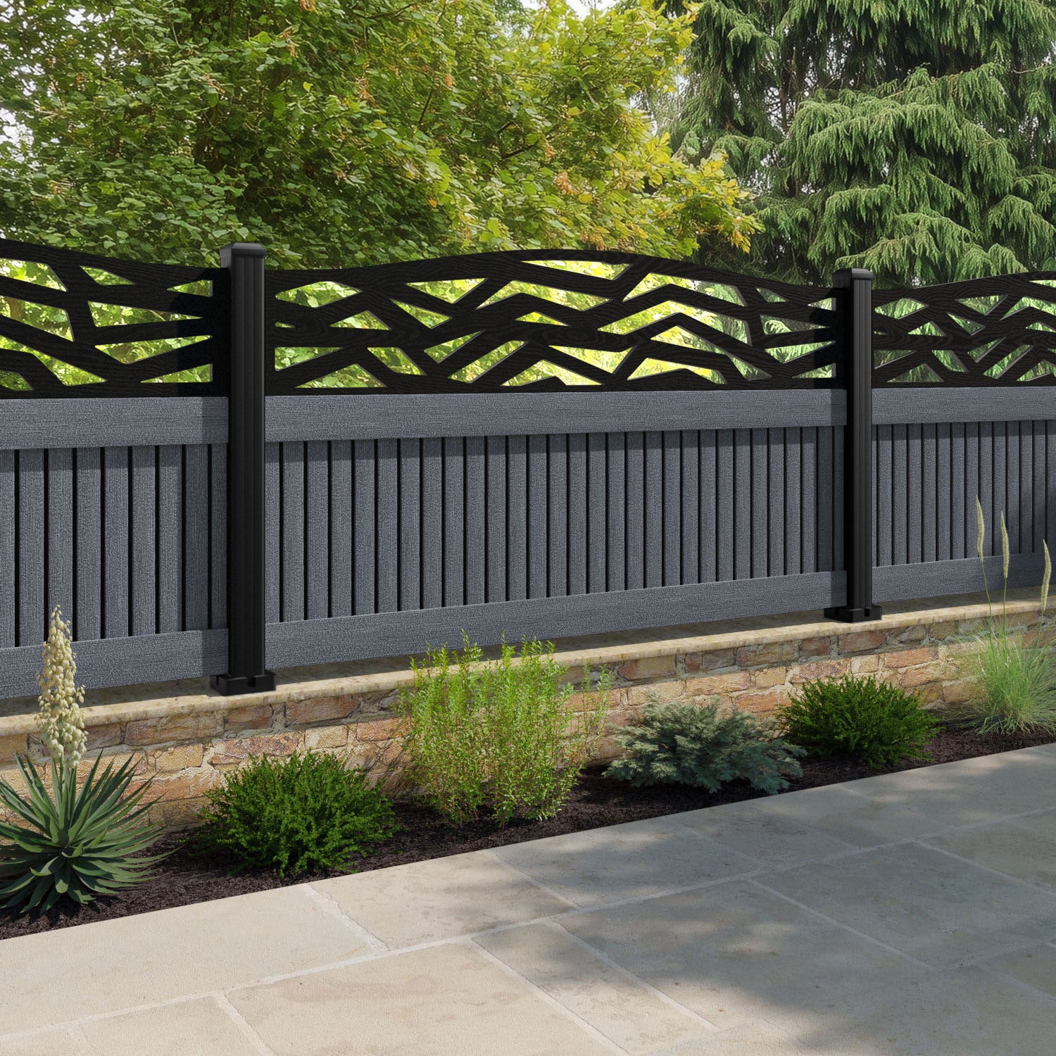 Virtis Zenith Curved Top Fence Panel - Anthracite - with our aluminium posts