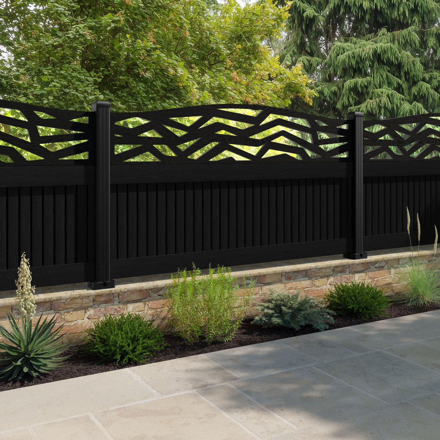 Virtis Zenith Curved Top Fence Panel - Black - with our aluminium posts