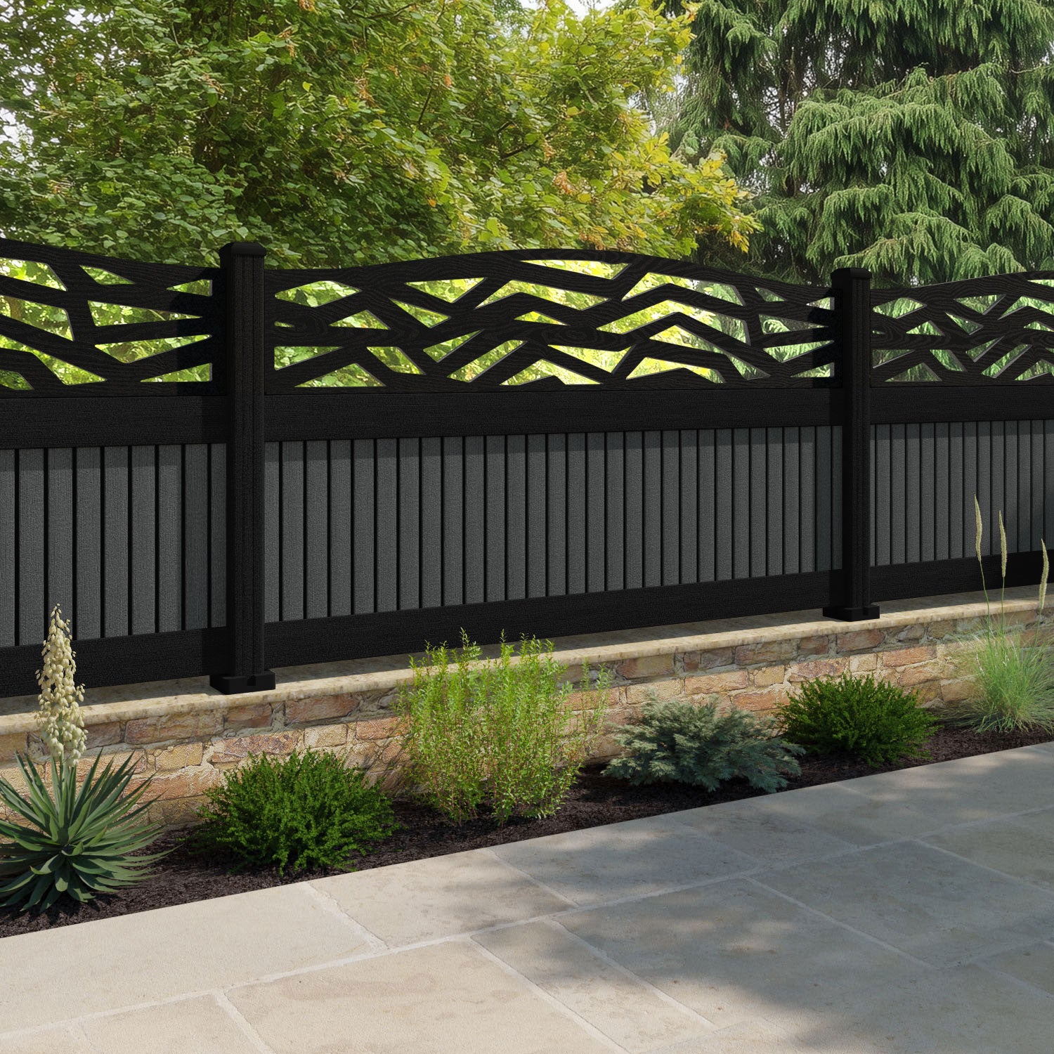 Virtis Zenith Curved Top Fence Panel - Dark Grey - with our composite posts