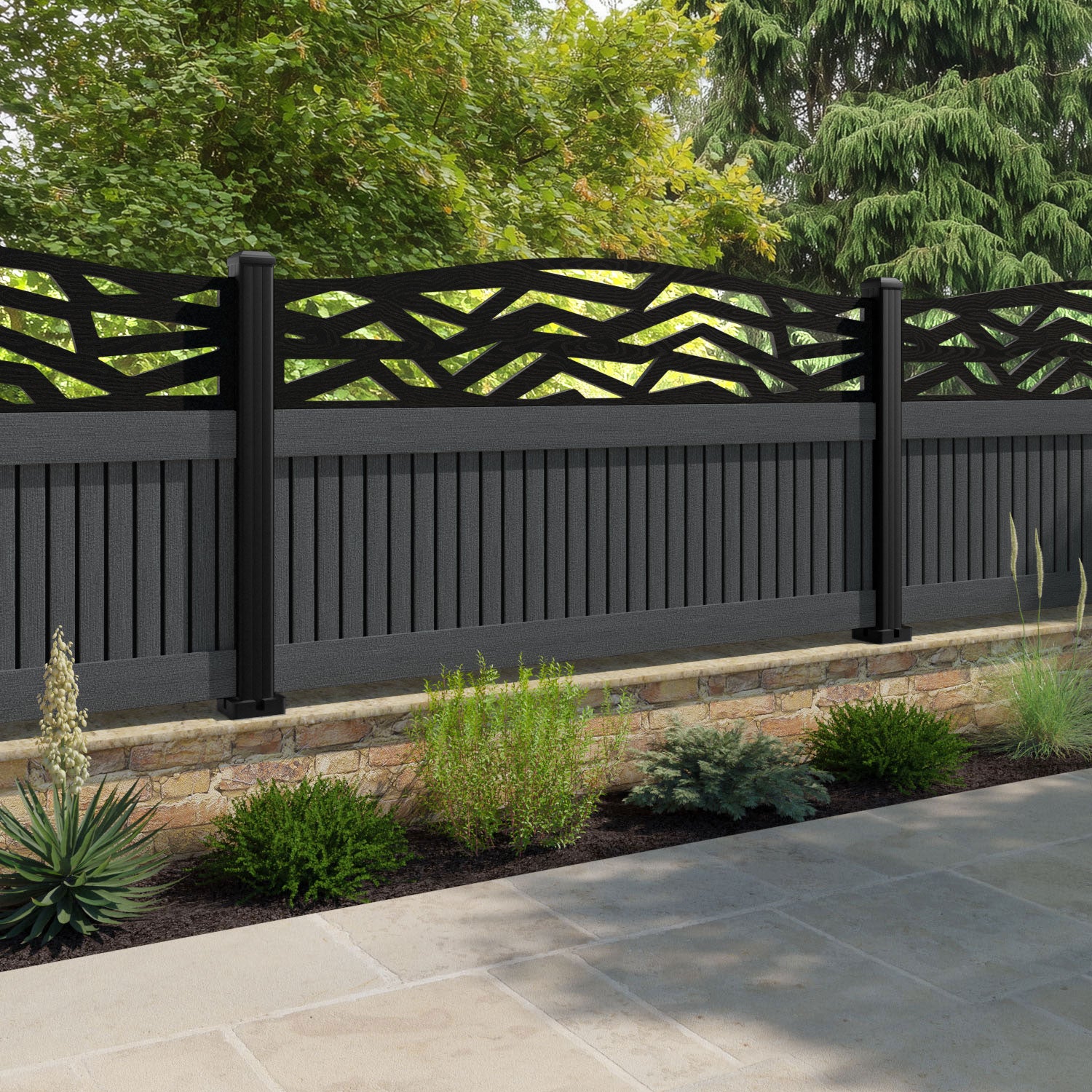 Virtis Zenith Curved Top Fence Panel - Dark Grey - with our aluminium posts