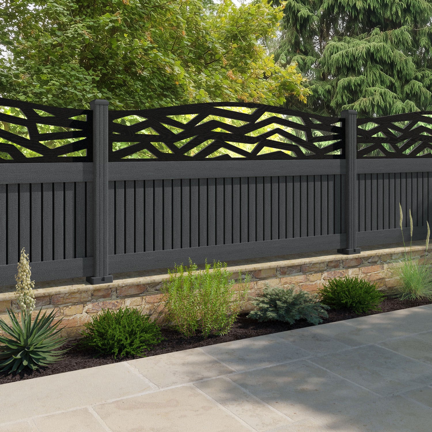 Virtis Zenith Curved Top Fence Panel - Dark Grey - with our composite posts