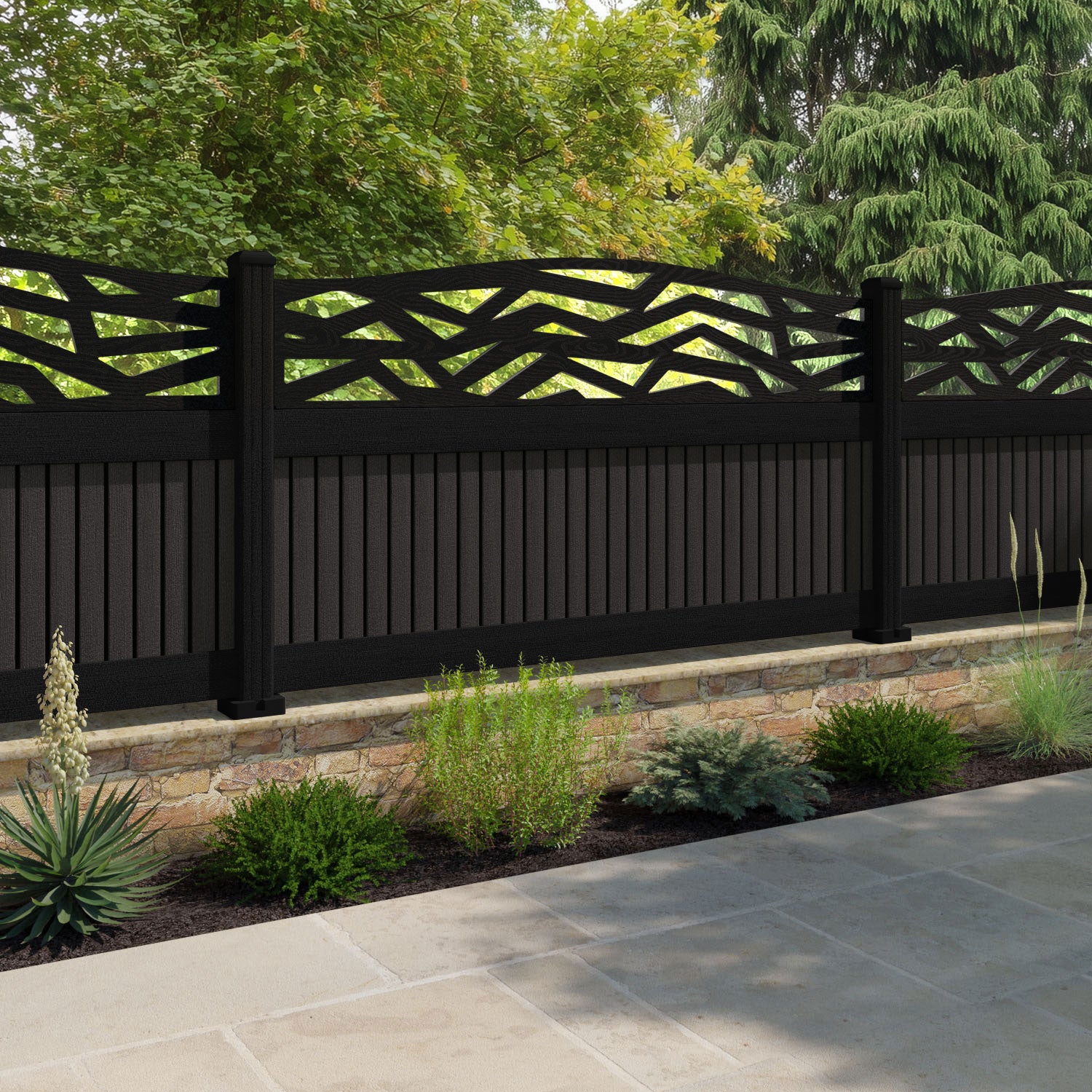 Virtis Zenith Curved Top Fence Panel - Dark Oak - with our composite posts
