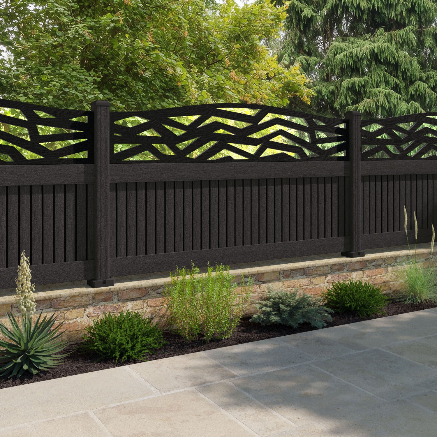 Virtis Zenith Curved Top Fence Panel - Dark Oak - with our composite posts