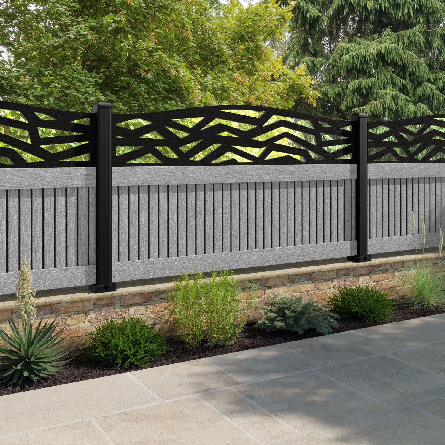 Virtis Zenith Curved Top Fence Panel - Light Grey - with our aluminium posts
