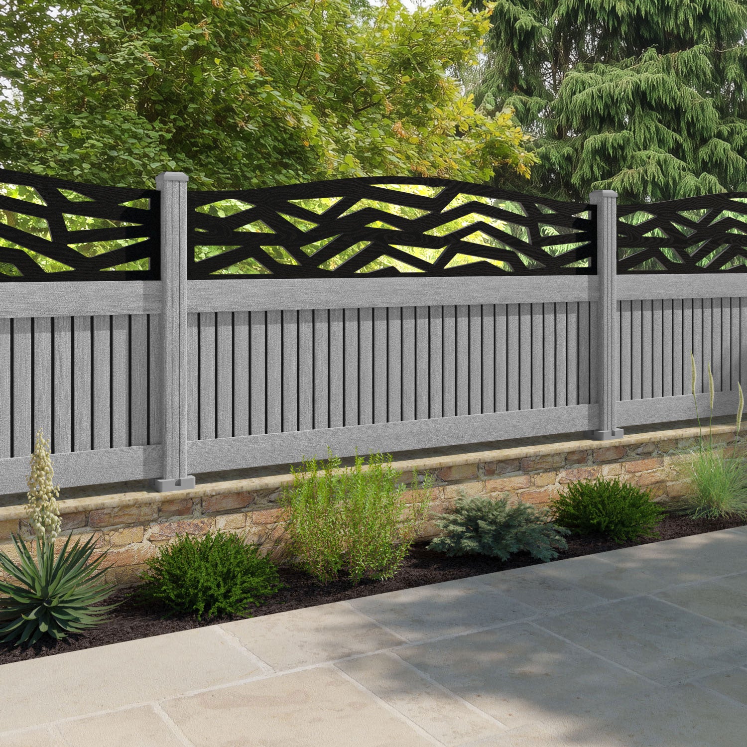 Virtis Zenith Curved Top Fence Panel - Light Grey - with our composite posts