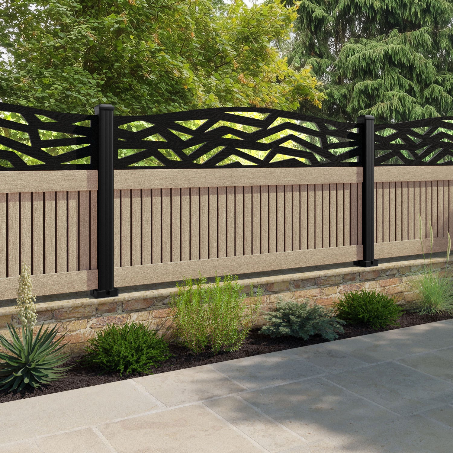 Virtis Zenith Curved Top Fence Panel - Light Oak - with our aluminium posts