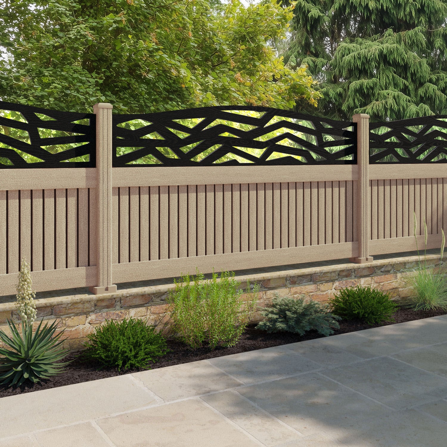Virtis Zenith Curved Top Fence Panel - Light Oak - with our composite posts