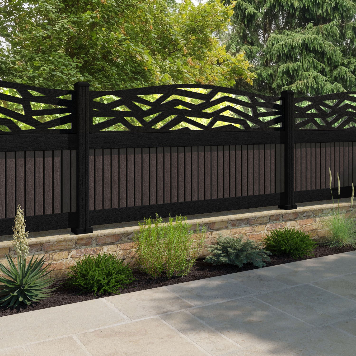 Virtis Zenith Curved Top Fence Panel - Mid Brown - with our composite posts