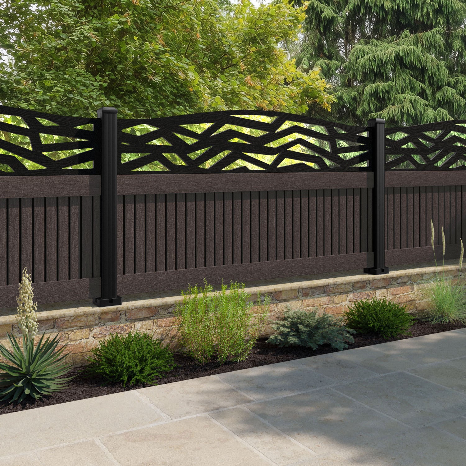 Virtis Zenith Curved Top Fence Panel - Mid Brown - with our aluminium posts