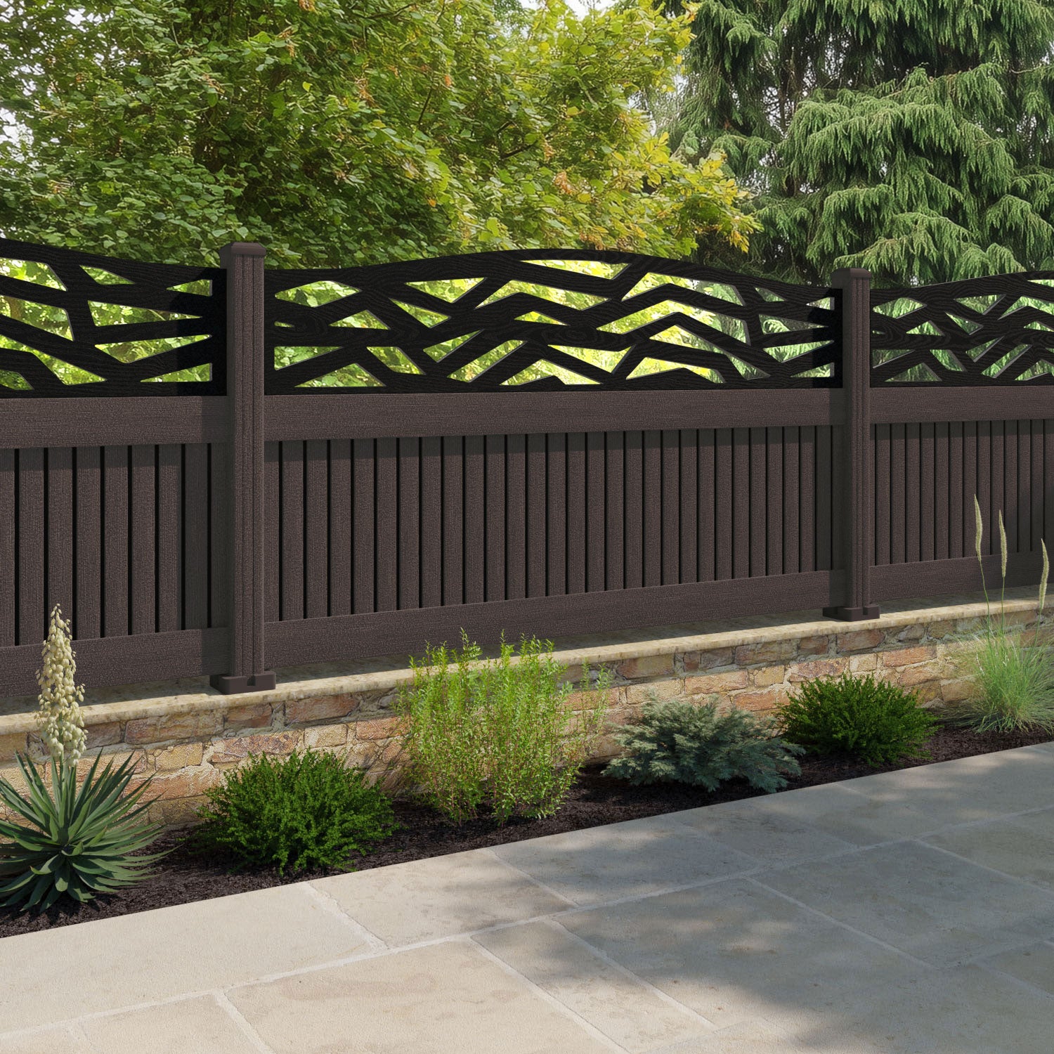 Virtis Zenith Curved Top Fence Panel - Mid Brown - with our composite posts