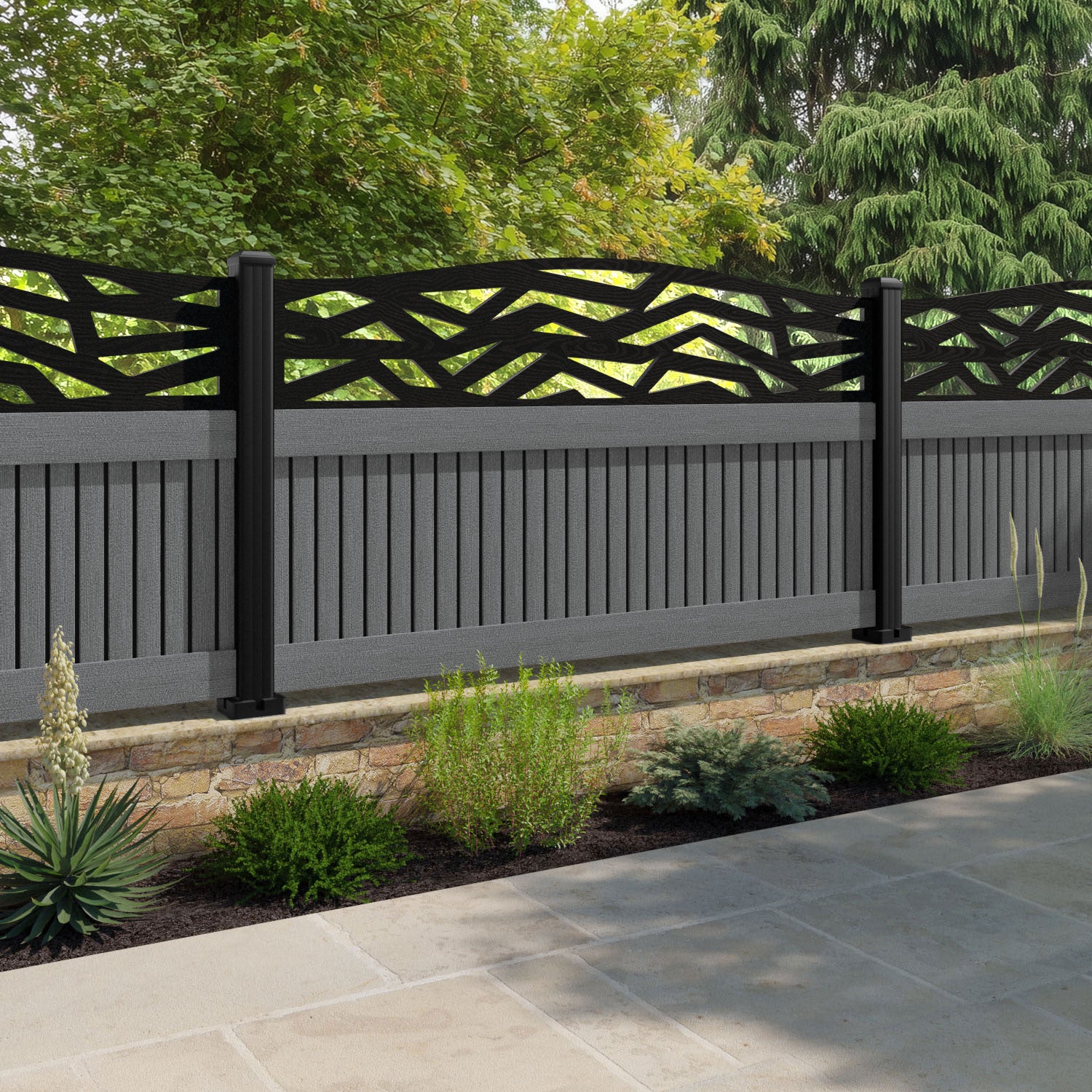 Virtis Zenith Curved Top Fence Panel - Mid Grey - with our composite posts