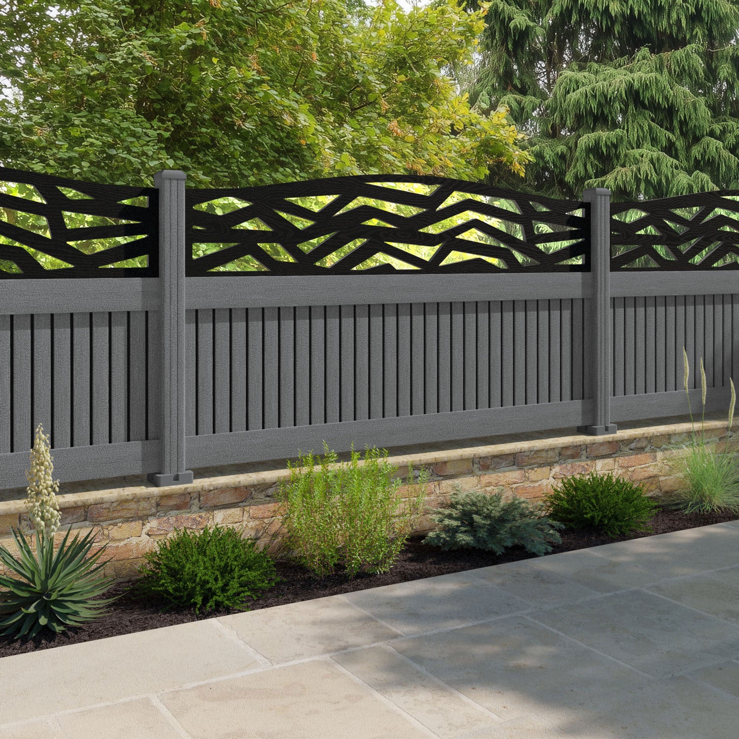Virtis Zenith Curved Top Fence Panel - Mid Grey - with our composite posts
