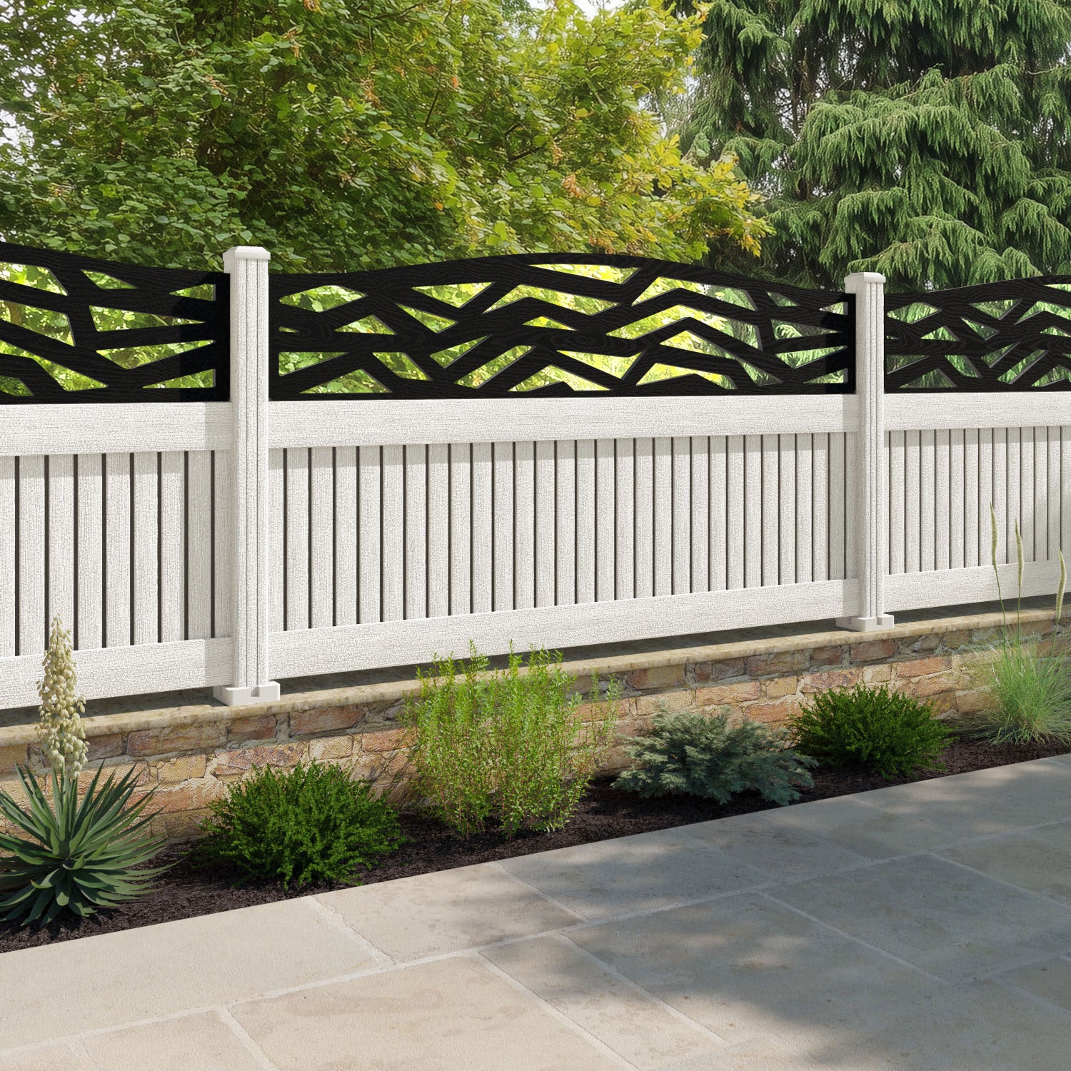 Virtis Zenith Curved Top Fence Panel - Light Stone - with our composite posts