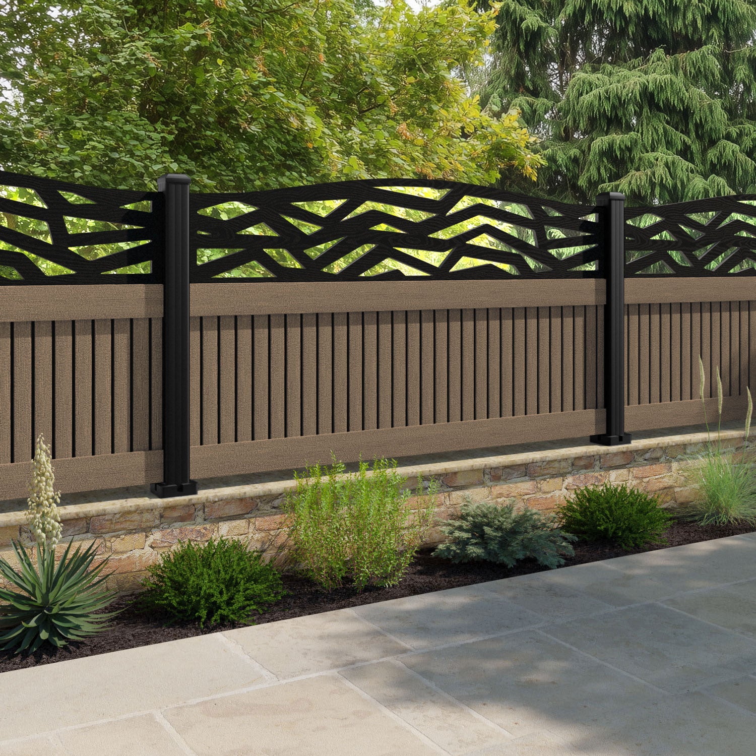 Virtis Zenith Curved Top Fence Panel - Teak - with our aluminium posts