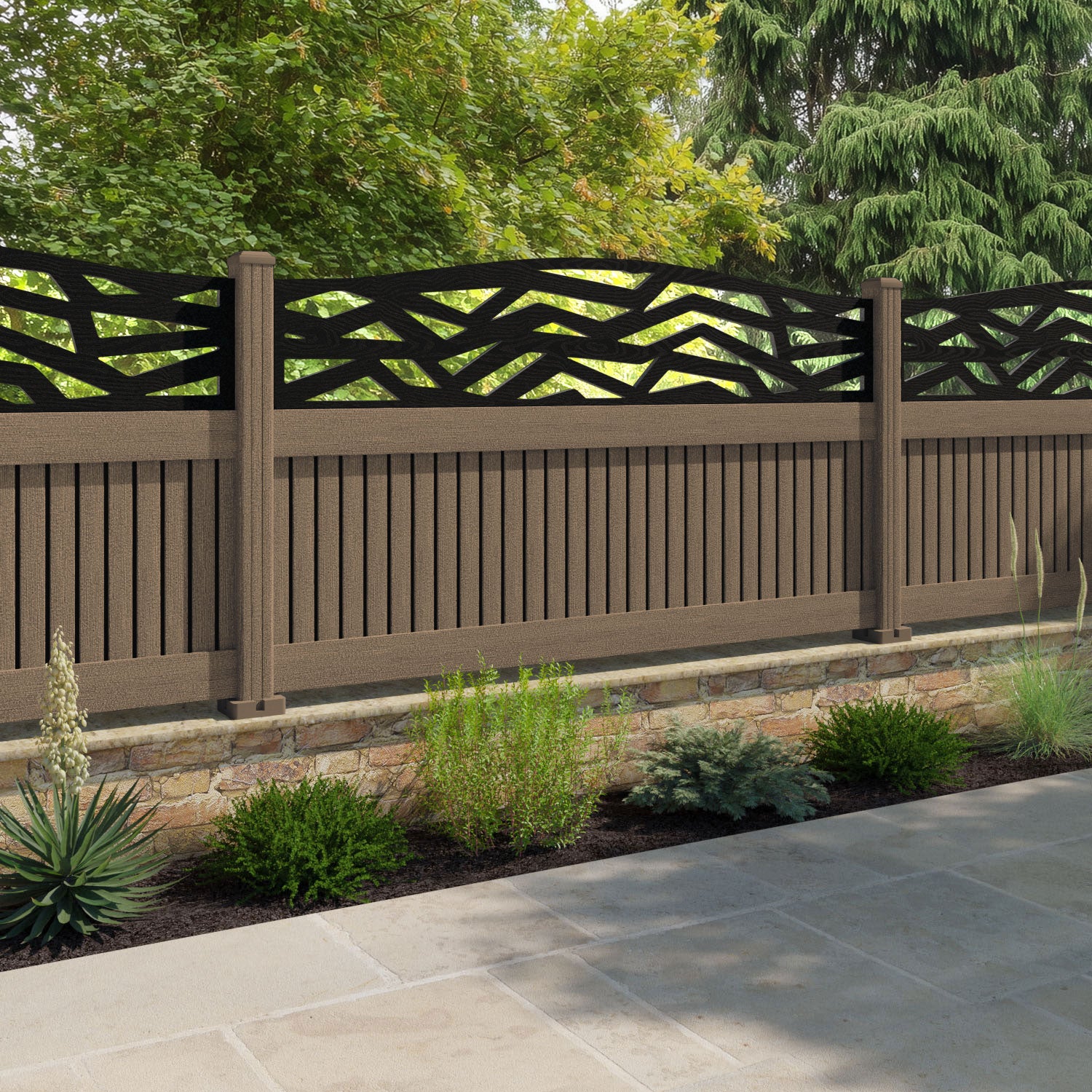 Virtis Zenith Curved Top Fence Panel - Teak - with our composite posts