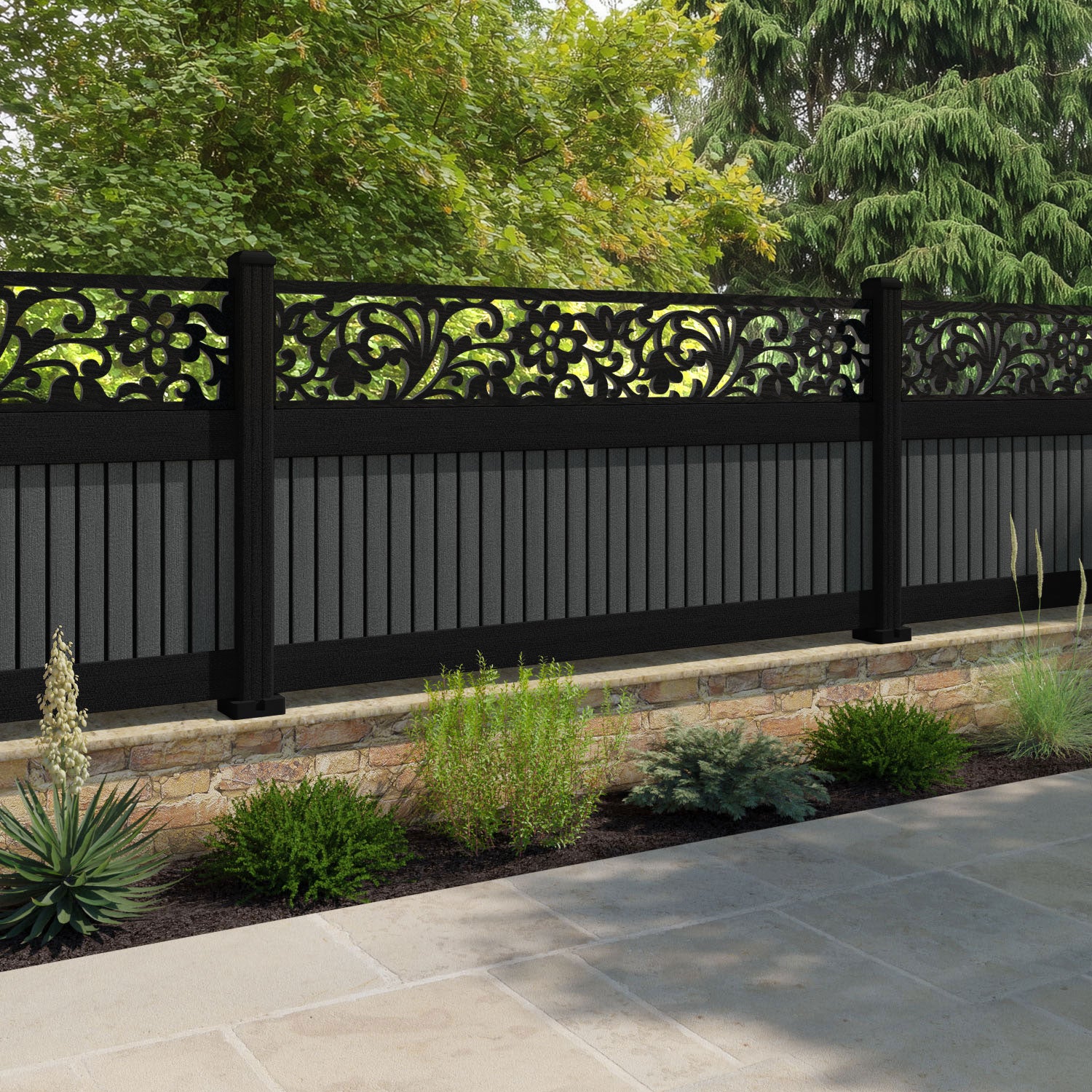 Virtis Eden Fence Panel - Dark Grey - with our aluminium posts