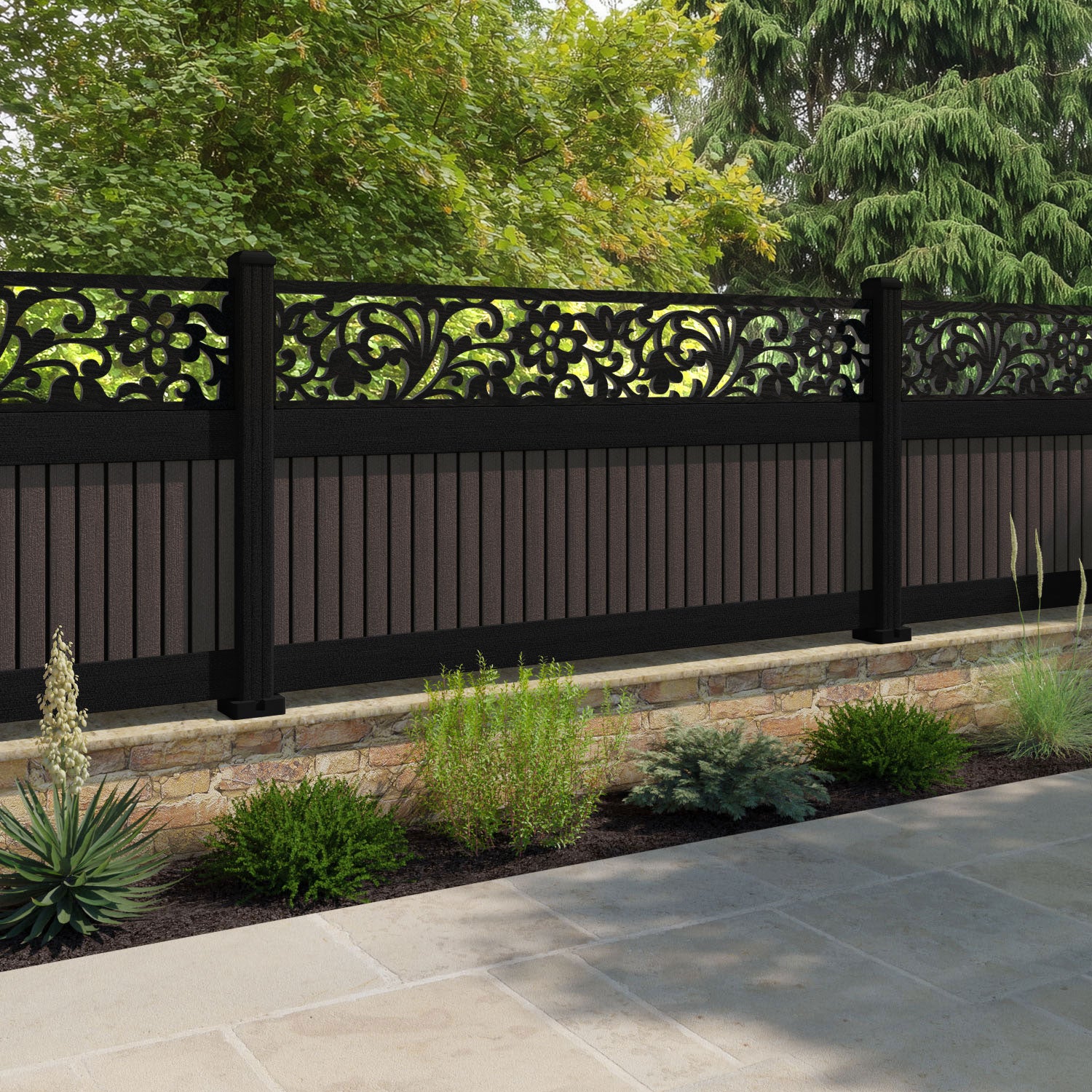 Virtis Eden Fence Panel - Mid Brown - with our aluminium posts
