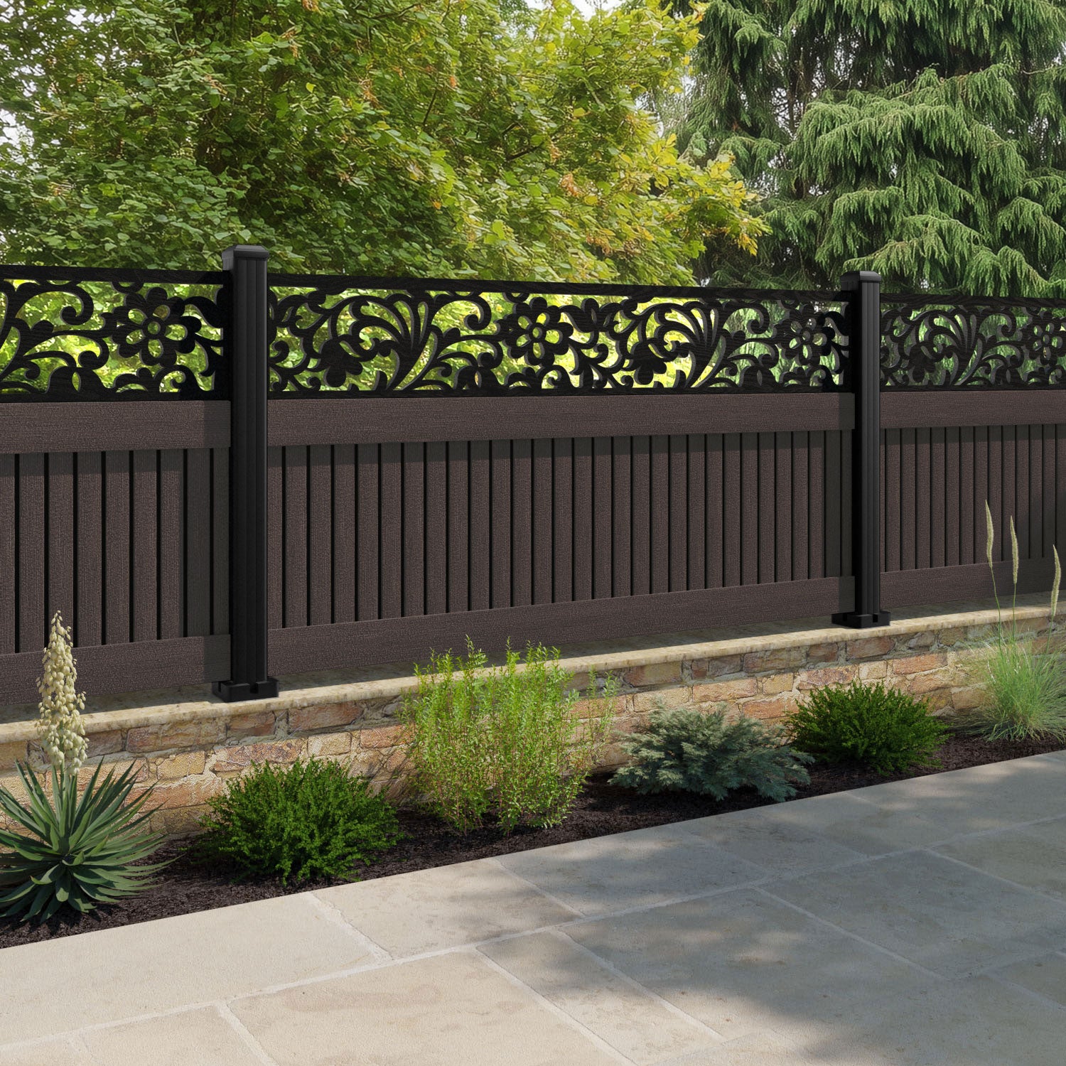 Virtis Eden Fence Panel - Mid Brown - with our aluminium posts