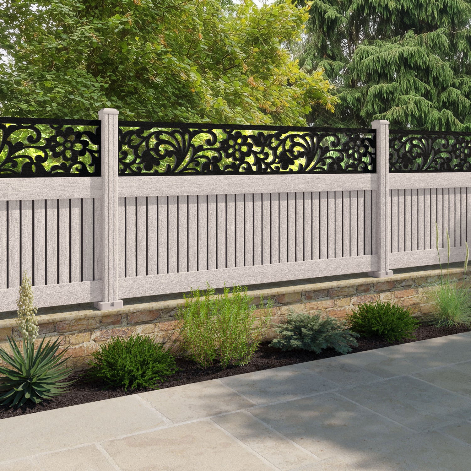 Virtis Eden Fence Panel - Mid Stone - with our composite posts