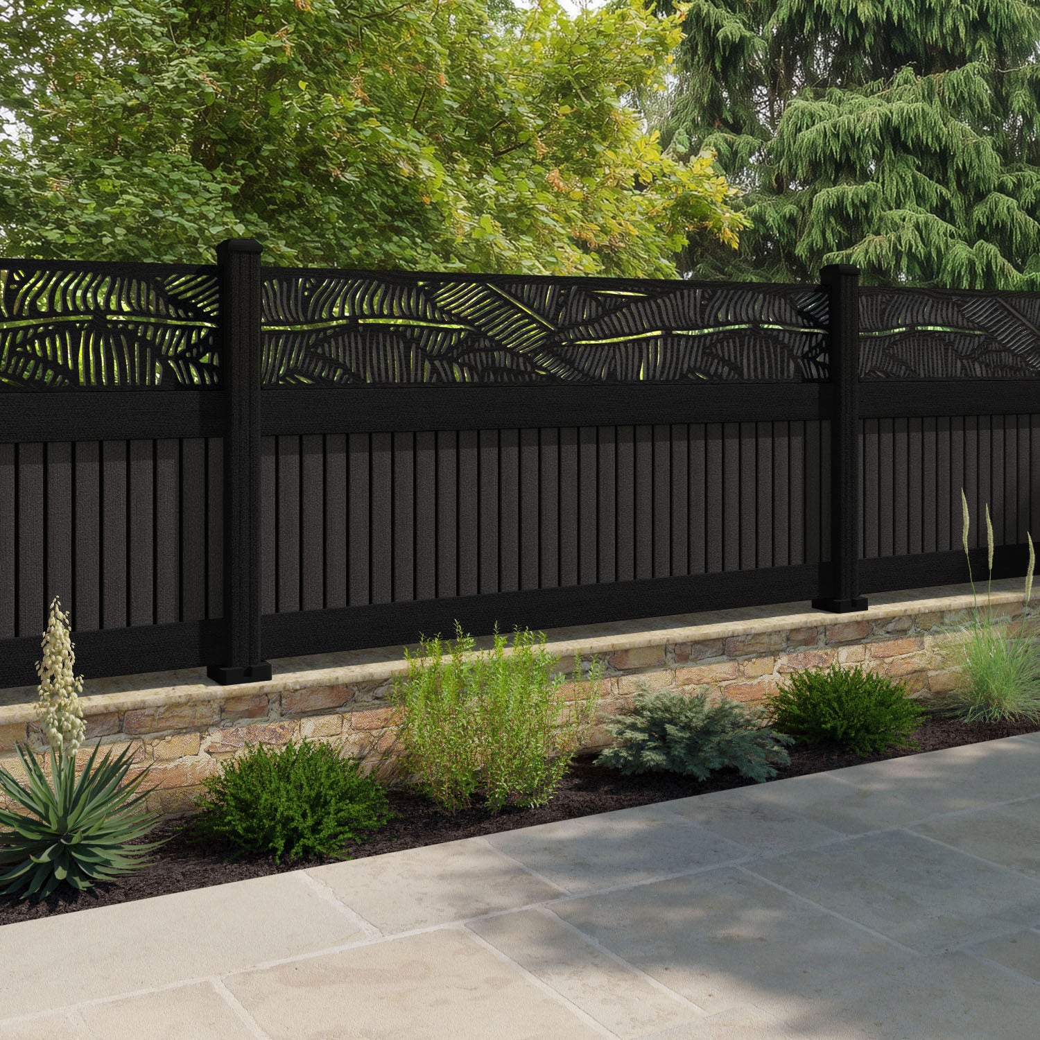 Virtis Feather Fence Panel - Dark Oak - with our aluminium posts