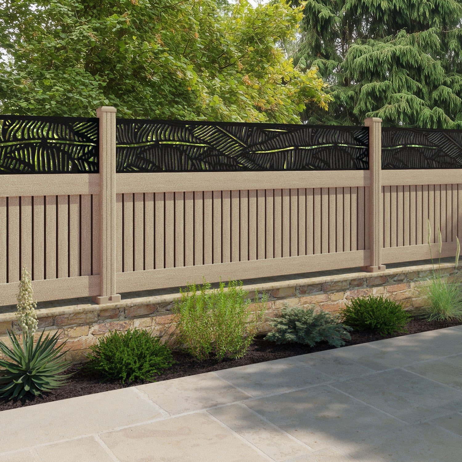 Virtis Feather Fence Panel - Light Oak - with our composite posts