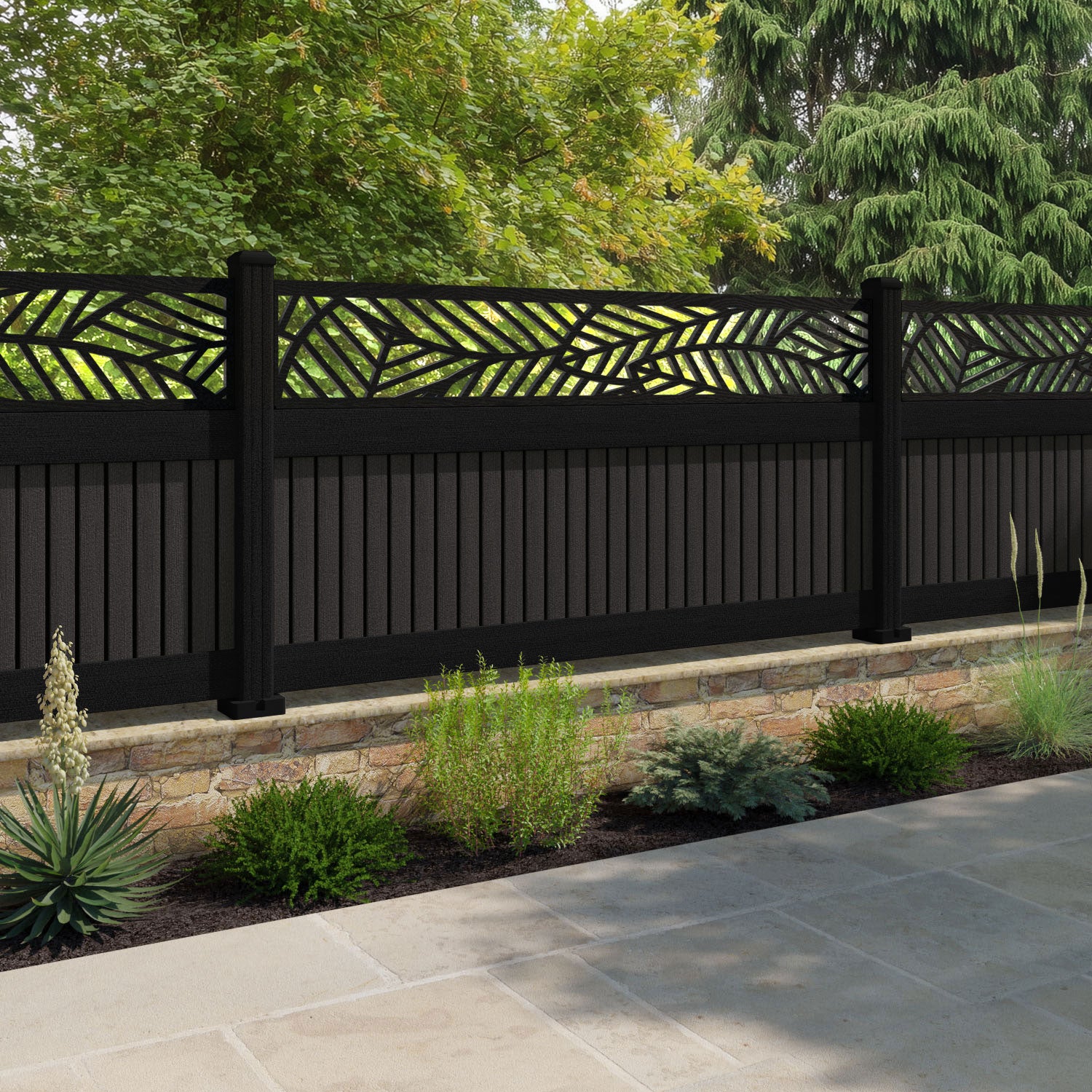 Virtis Habitat Fence Panel - Dark Oak - with our aluminium posts