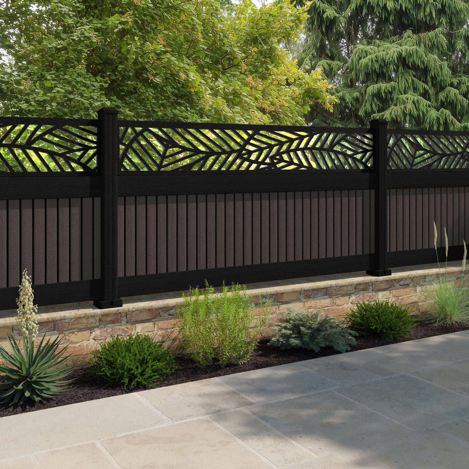 Virtis Habitat Fence Panel - Mid Brown - with our aluminium posts