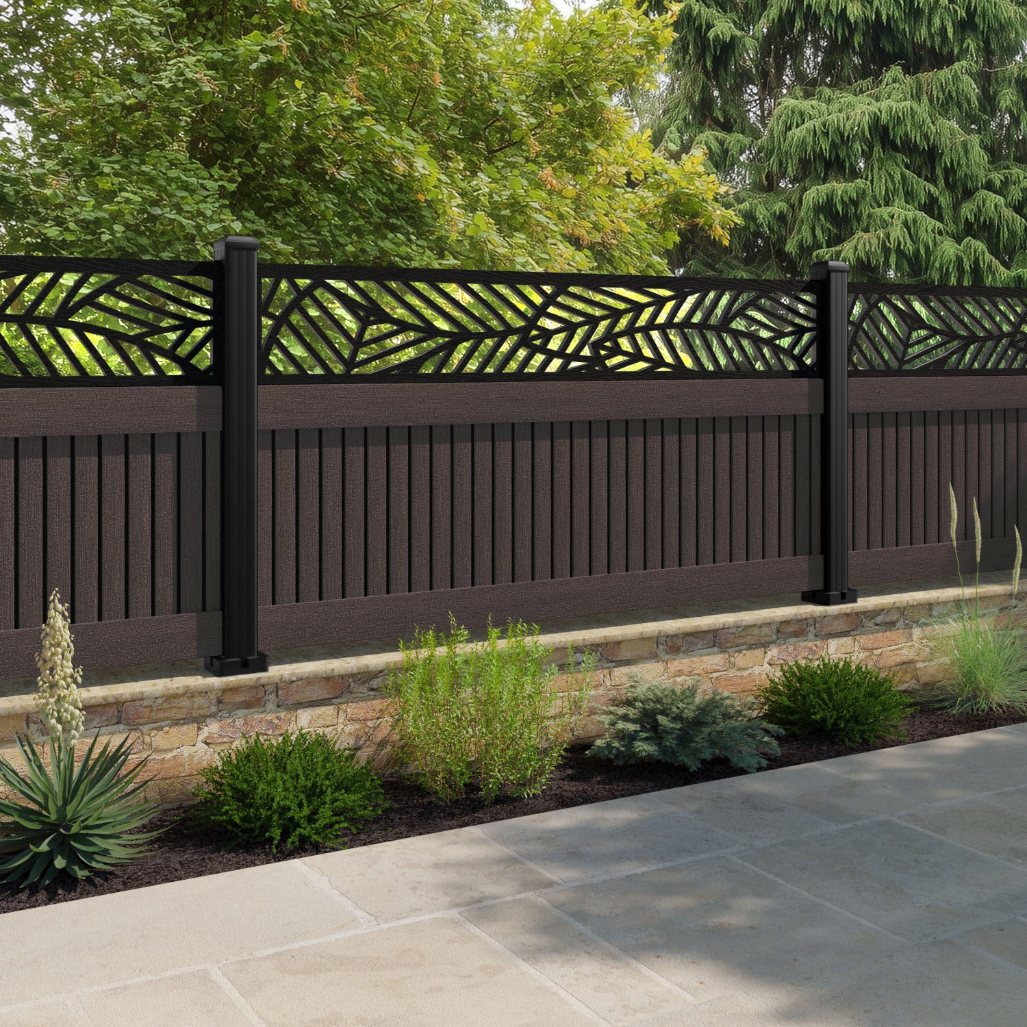 Virtis Habitat Fence Panel - Mid Brown - with our aluminium posts