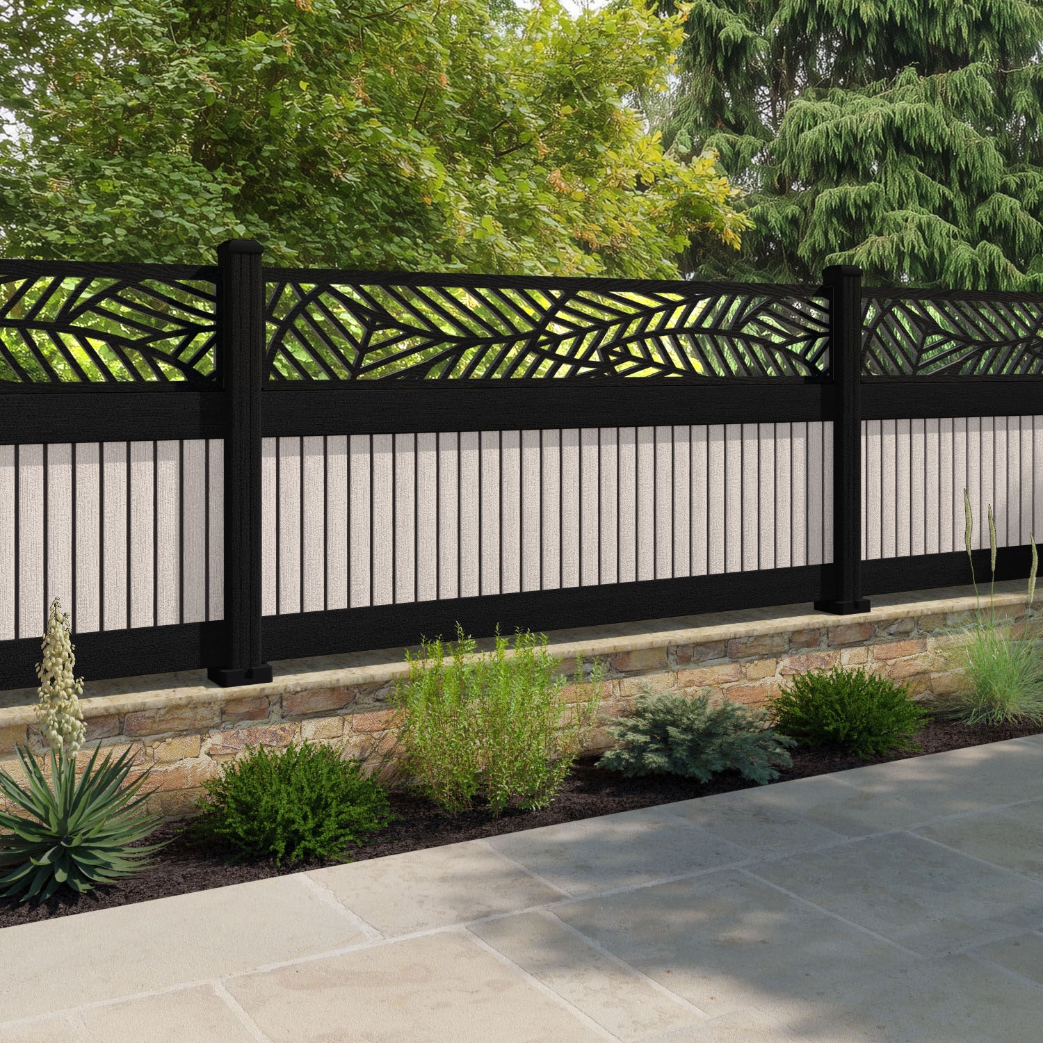 Virtis Habitat Fence Panel - Mid Stone - with our aluminium posts