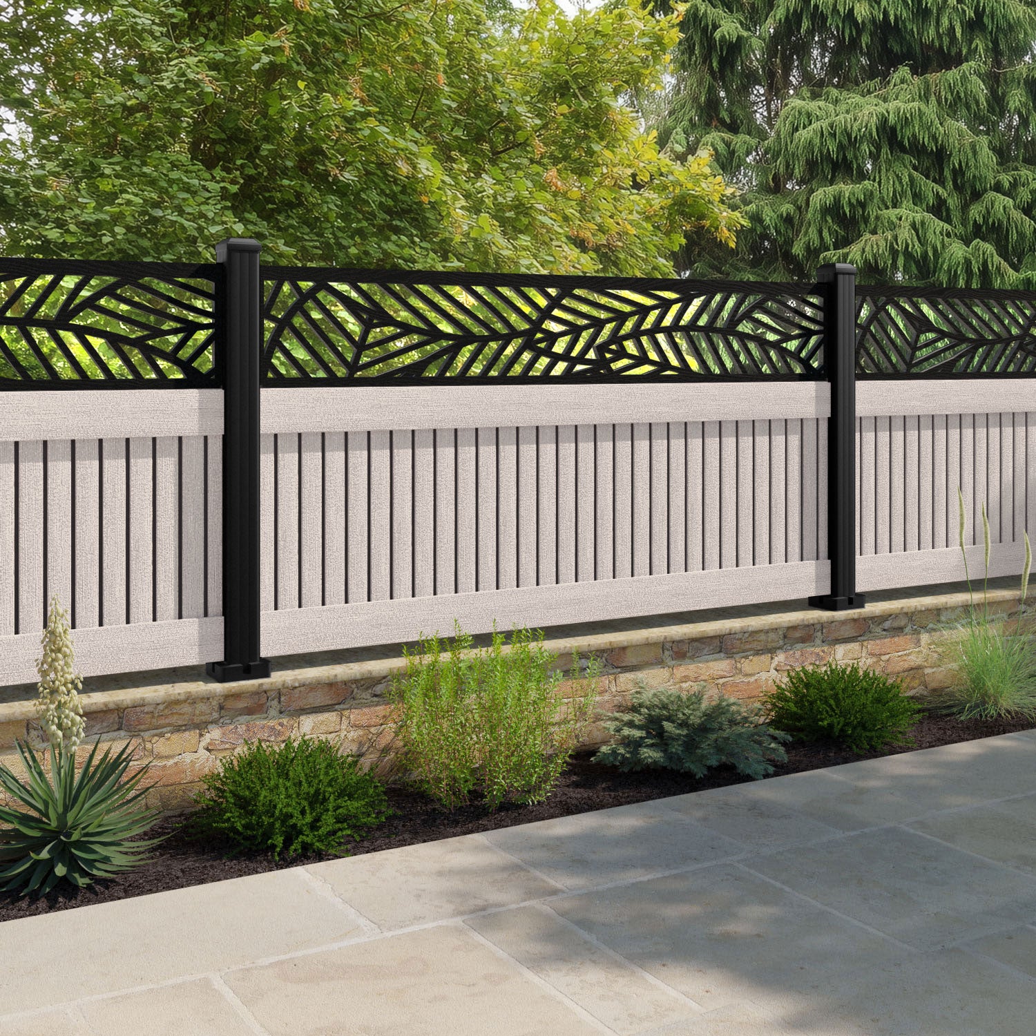 Virtis Habitat Fence Panel - Mid Stone - with our aluminium posts