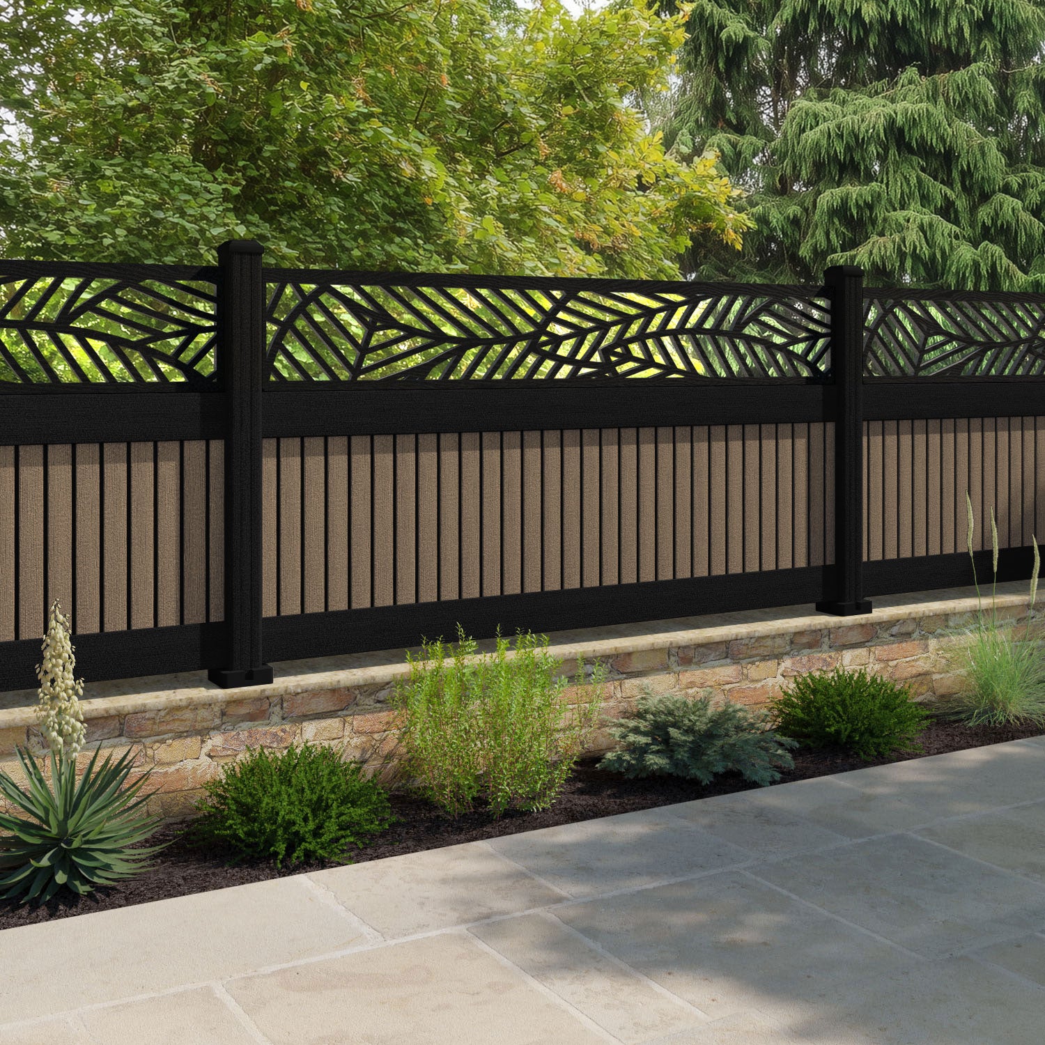 Virtis Habitat Fence Panel - Teak - with our aluminium posts