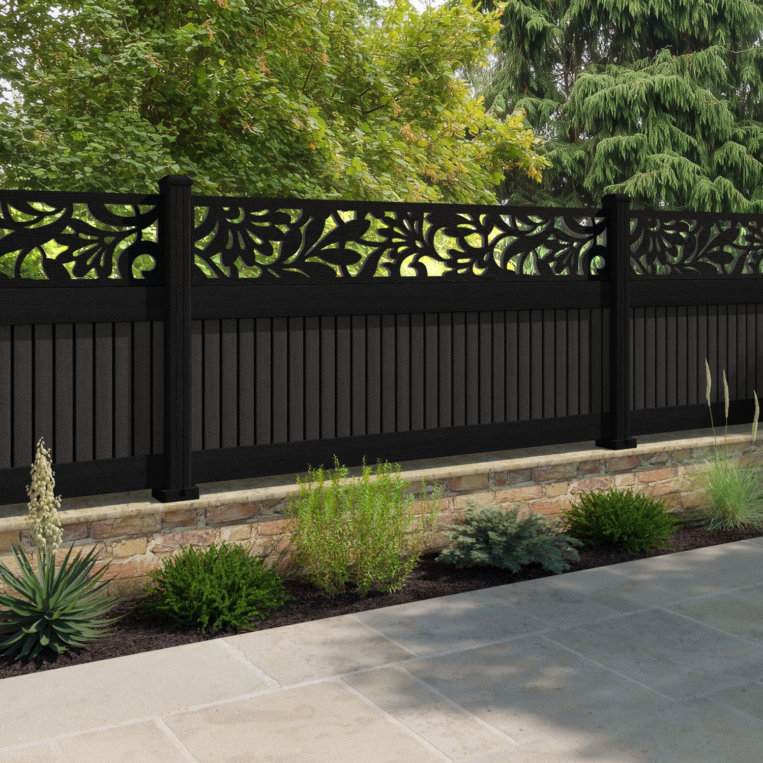 Virtis Heritage Fence Panel - Dark Oak - with our aluminium posts