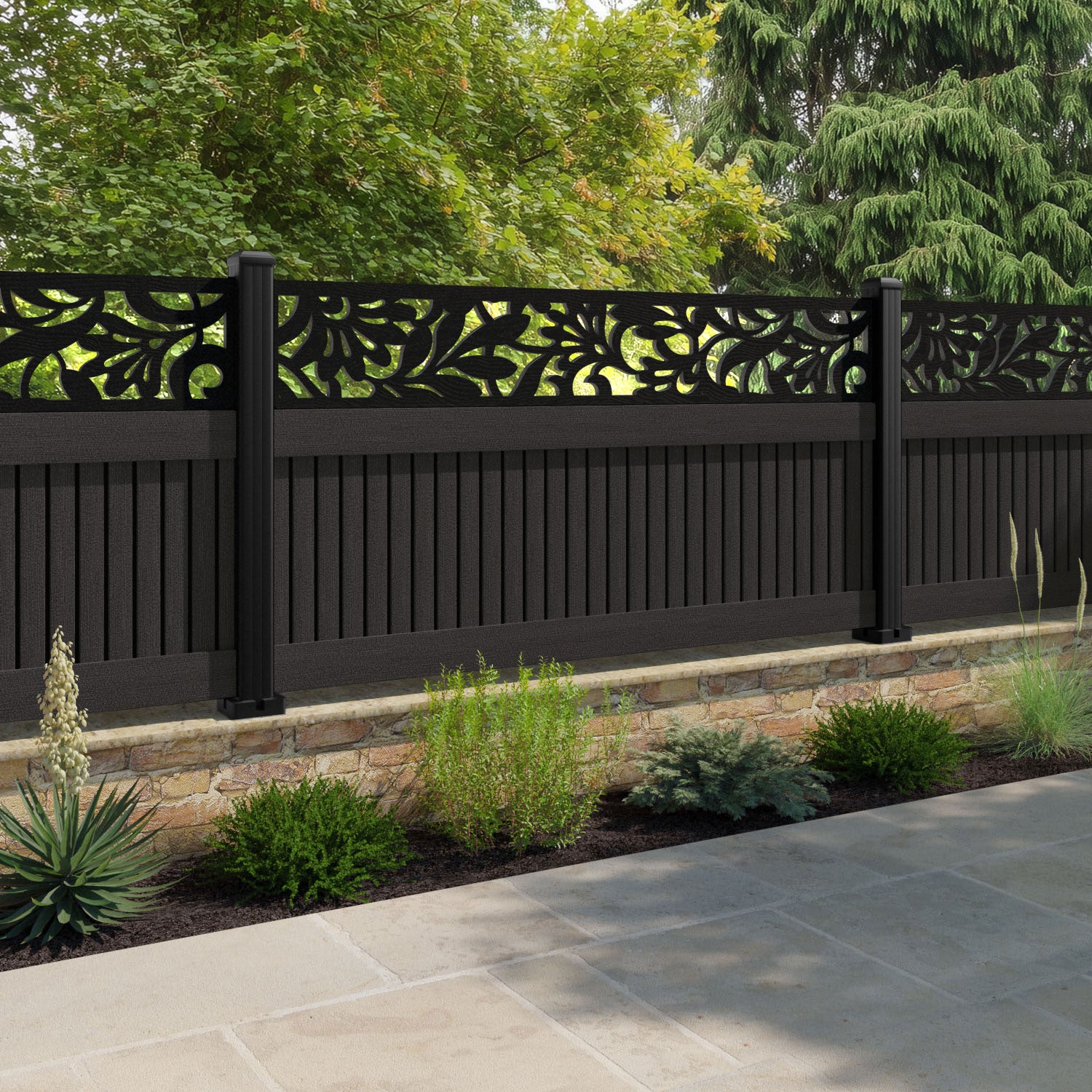 Virtis Heritage Fence Panel - Dark Oak - with our aluminium posts