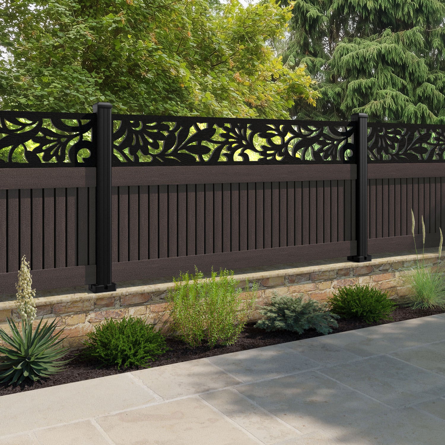 Virtis Heritage Fence Panel - Mid Brown - with our aluminium posts