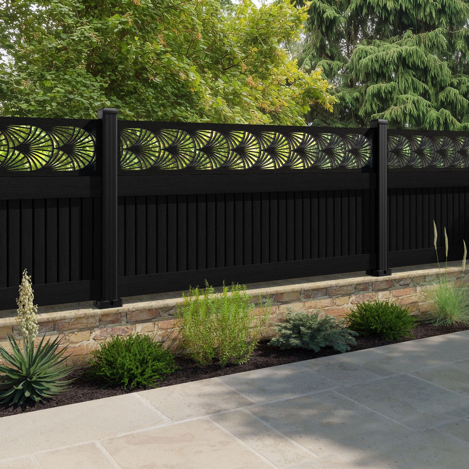 Virtis Laurel Fence Panel - Black - with our aluminium posts