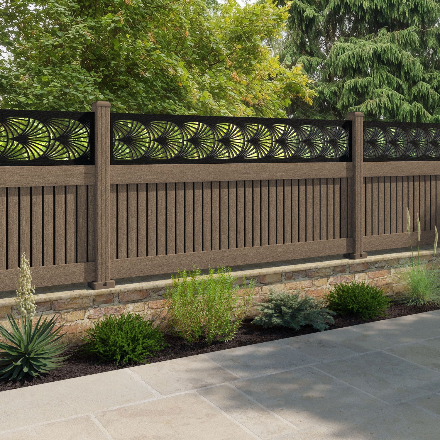 Virtis Laurel Fence Panel - Teak - with our composite posts