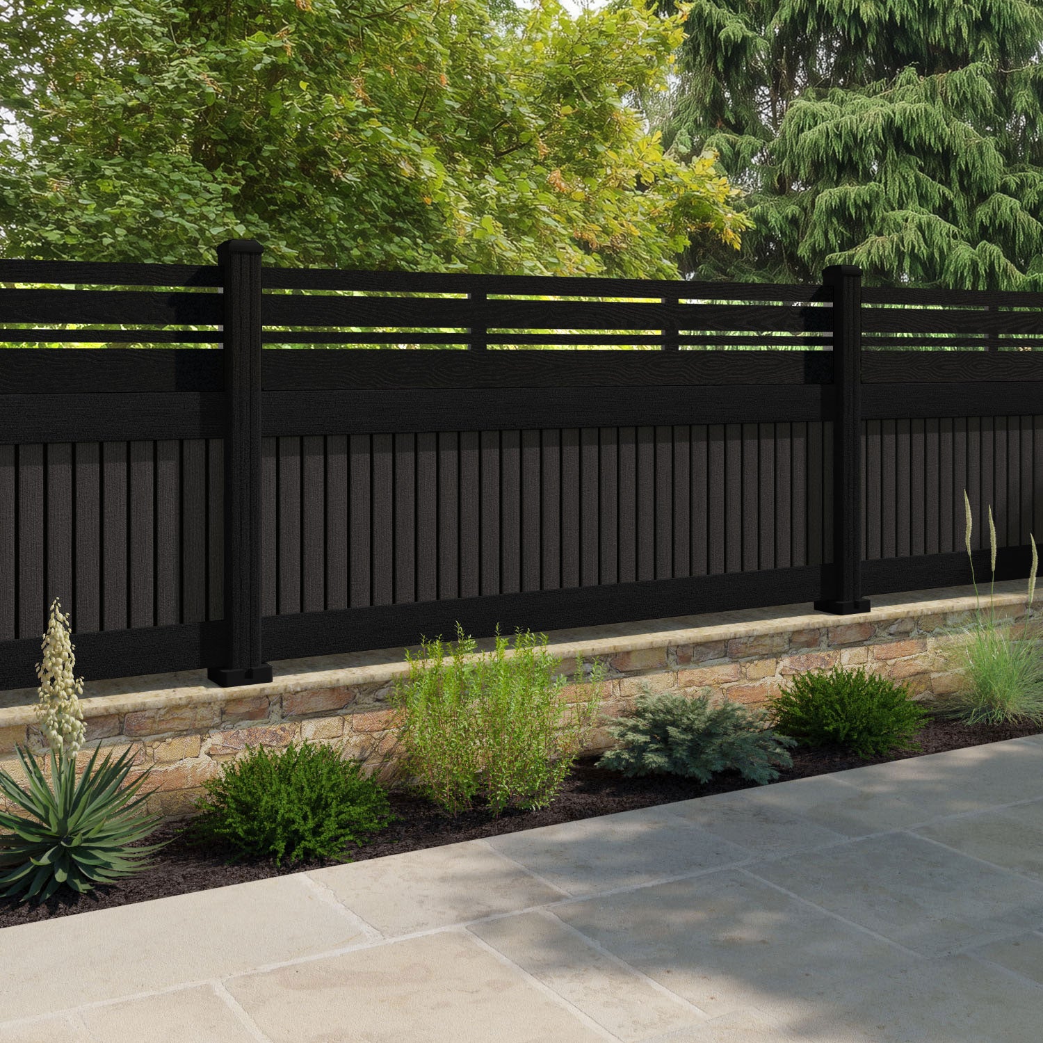 Virtis Linea Fence Panel - Dark Oak - with our aluminium posts