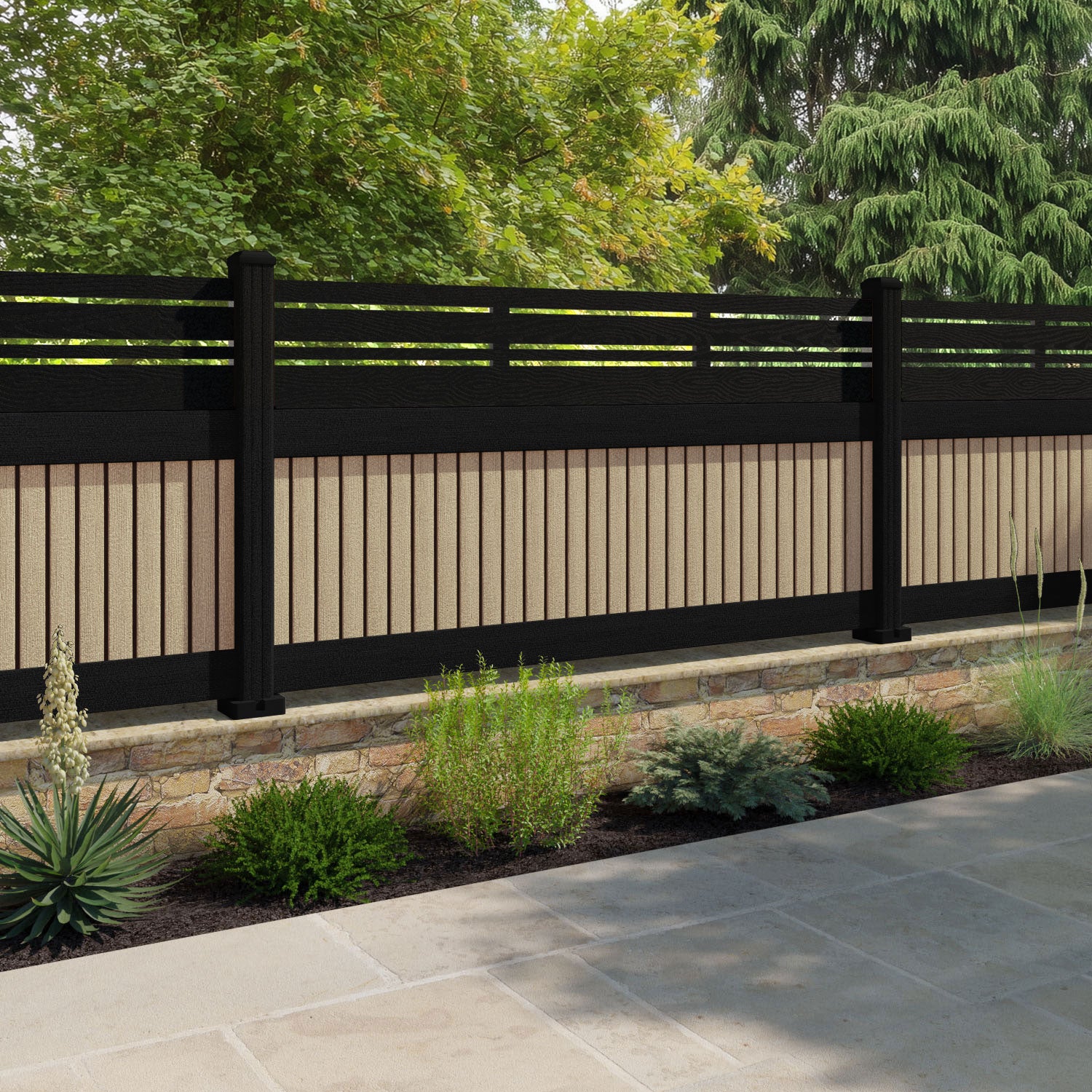 Virtis Linea Fence Panel - Light Oak - with our aluminium posts