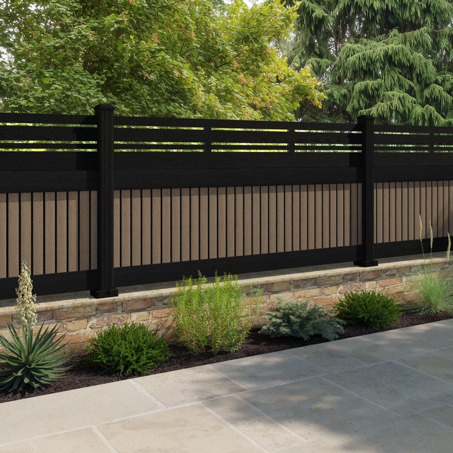 Virtis Linea Fence Panel - Teak - with our aluminium posts