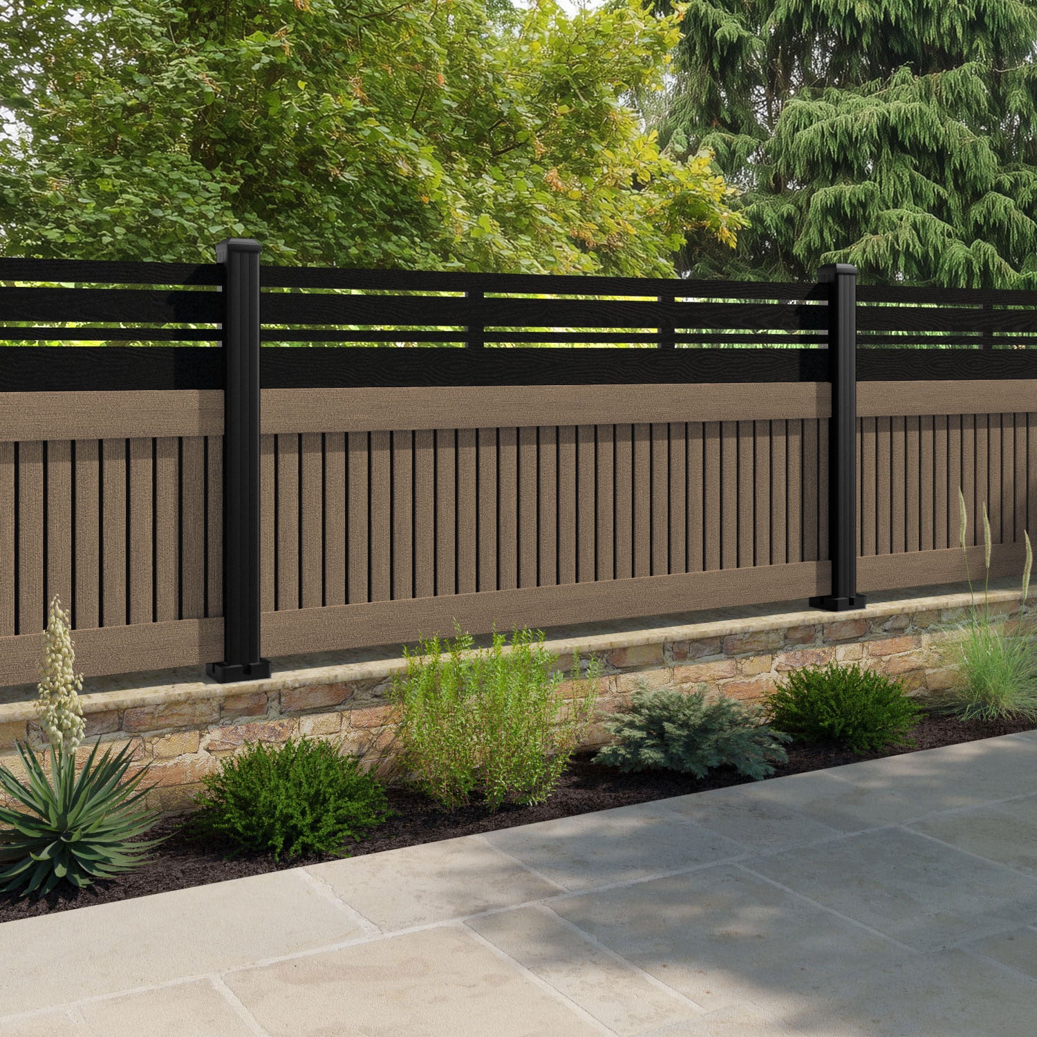 Virtis Linea Fence Panel - Teak - with our aluminium posts