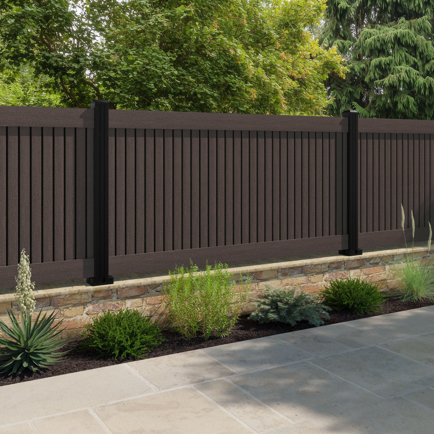 Virtis Fence Panel - Mid Brown - with our aluminium posts