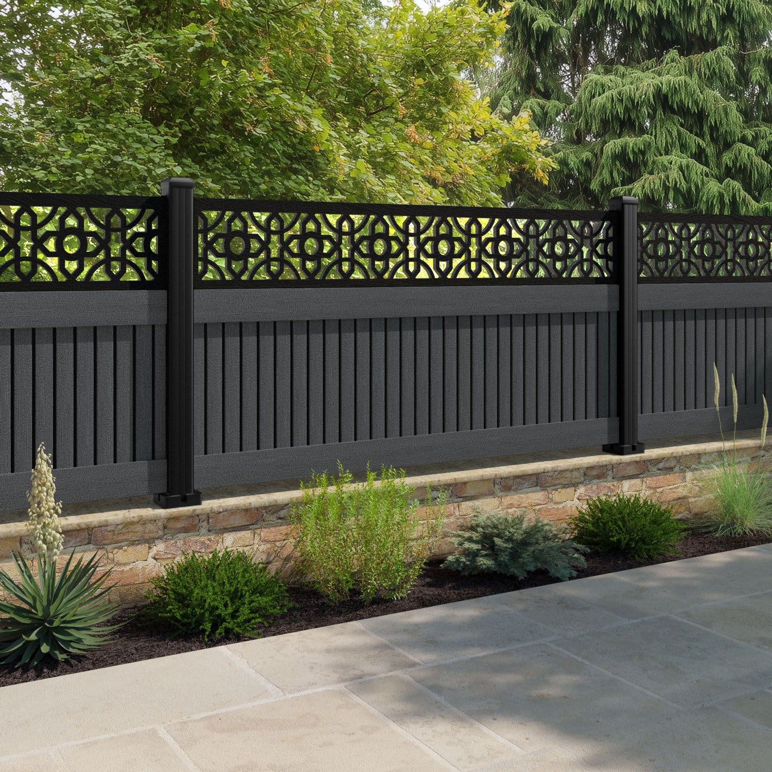 Virtis Nabila Fence Panel - Dark Grey - with our aluminium posts