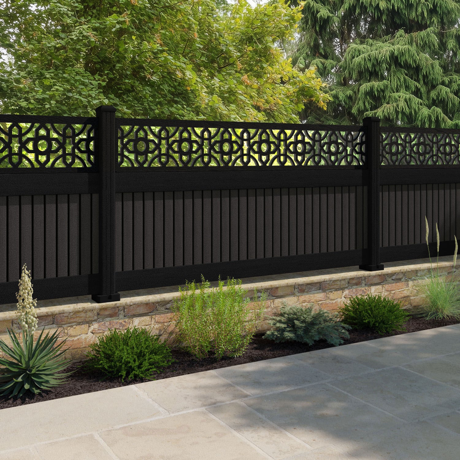Virtis Nabila Fence Panel - Dark Oak - with our aluminium posts